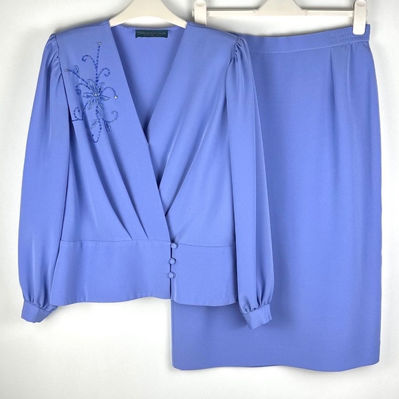 Vintage 1980’s Two Piece Set - Mother of the Bride - Blue - Jacket + Skirt Set - Picture 1 of 8